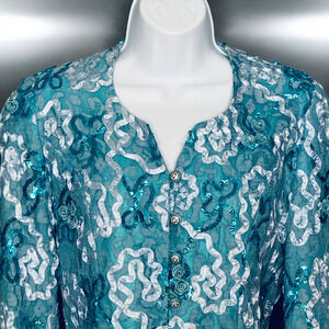 Vintage 90s Anne Crimmins Teal Sequin Lace Evening Jacket Jeweled Cocktail Sz 4